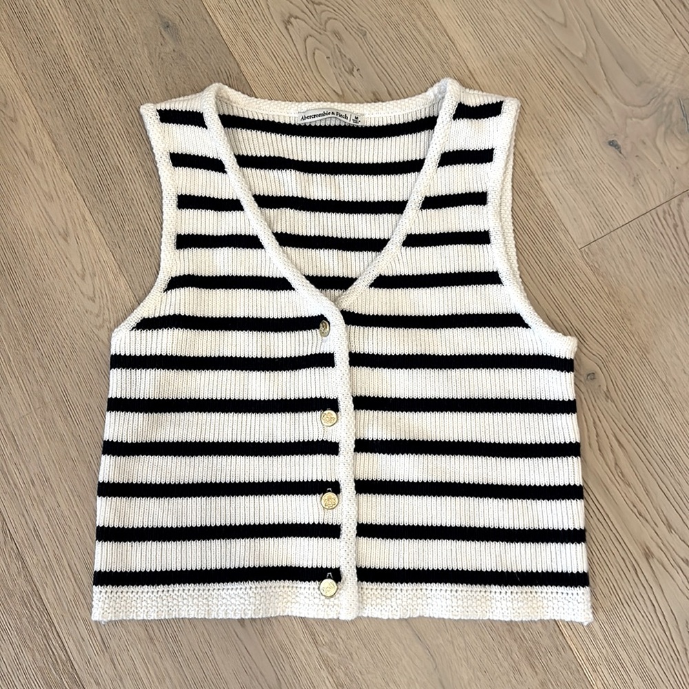 Abercrombie & Fitch Black and White Striped Knit Button-Front Vest